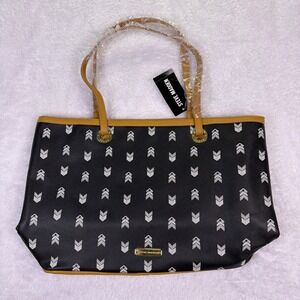 Steve Madden Black & White Tote Handbag Brown Leather Trim (16x12x6)‎ New w/Flaw